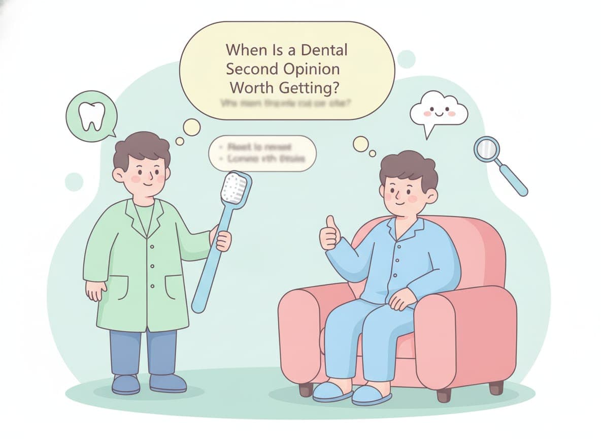 Cartoon dentist patiently explaining a treatment plan and X-ray to a relaxed patient